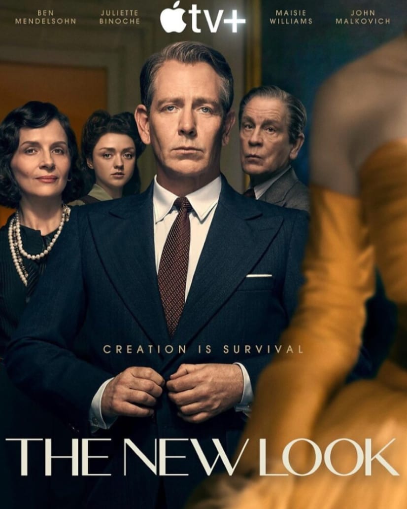 Poster for the Apple TV+ series The New Look, with the tagline Creation is survival: a man in a dark suit flanked by three figures.