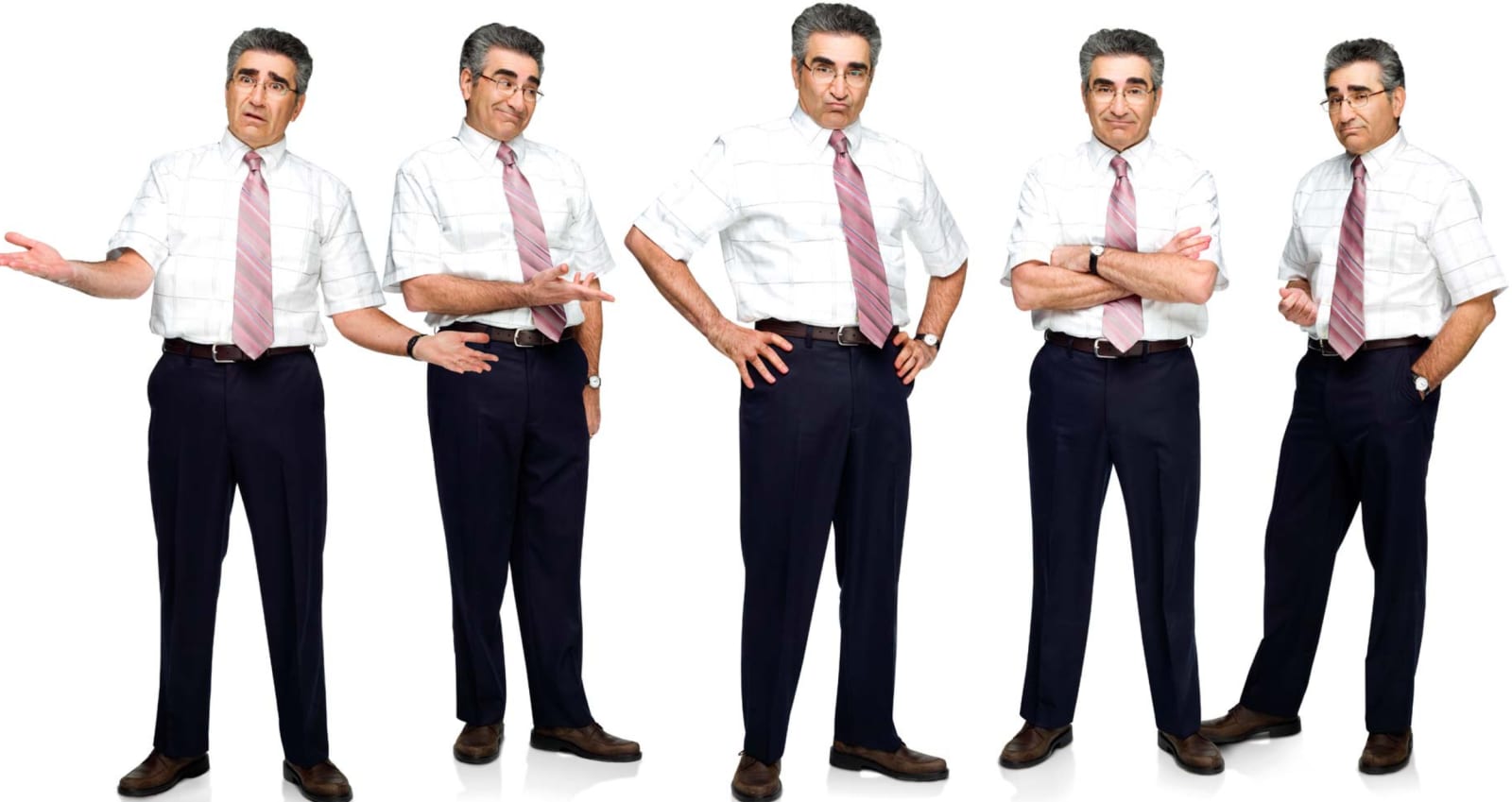 Five studio poses of the same grey-haired man in a white shirt, pink tie and dark trousers, gesturing and standing with arms crossed.