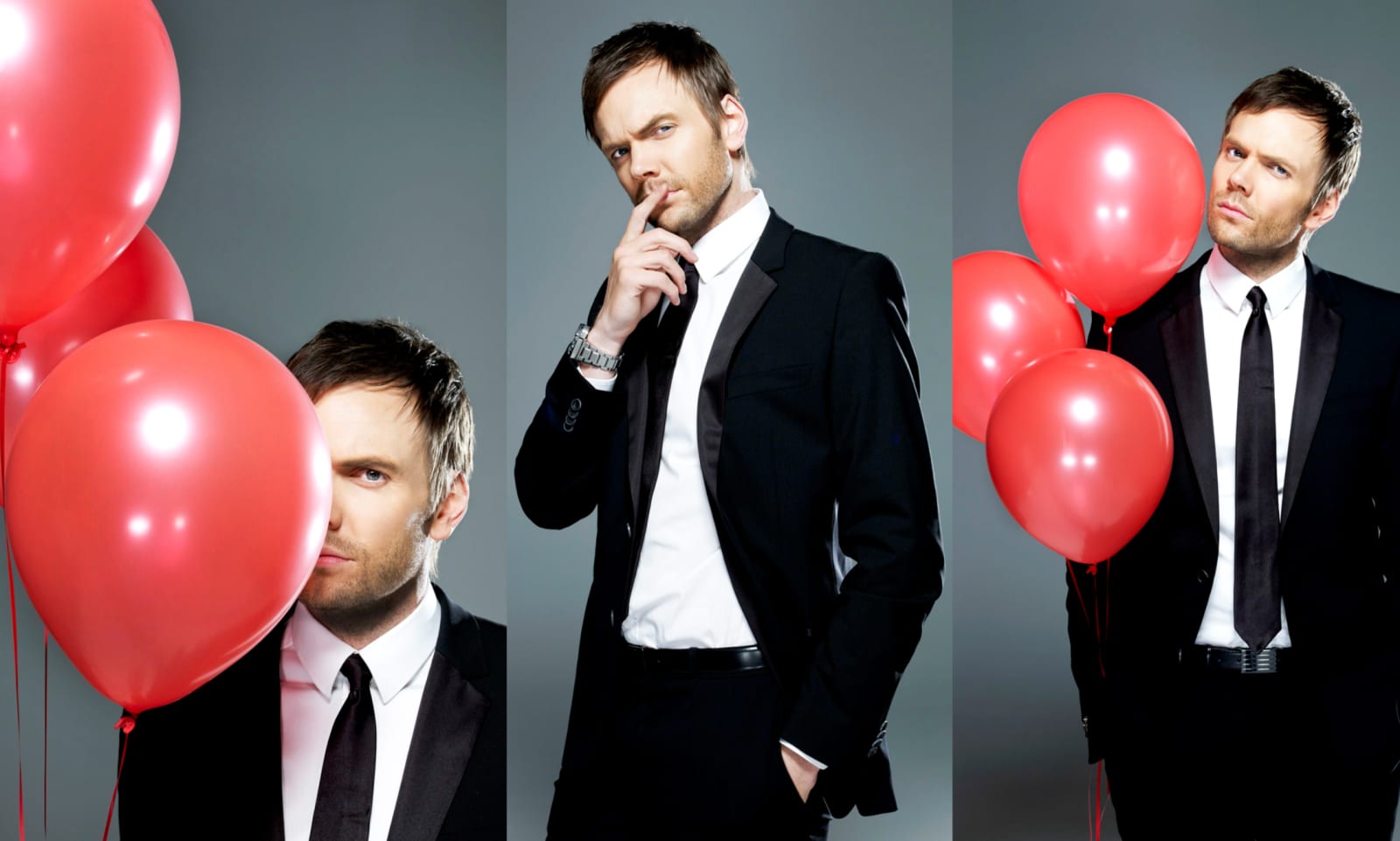 Three portraits of a man in a black suit and tie posing among red balloons.