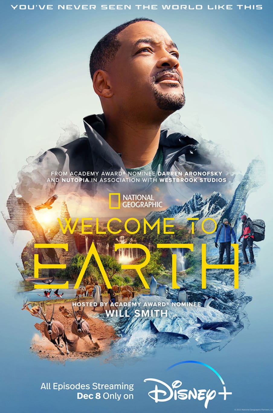 Poster for Welcome to Earth hosted by Will Smith, his face over a landscape of mountains and explorers.