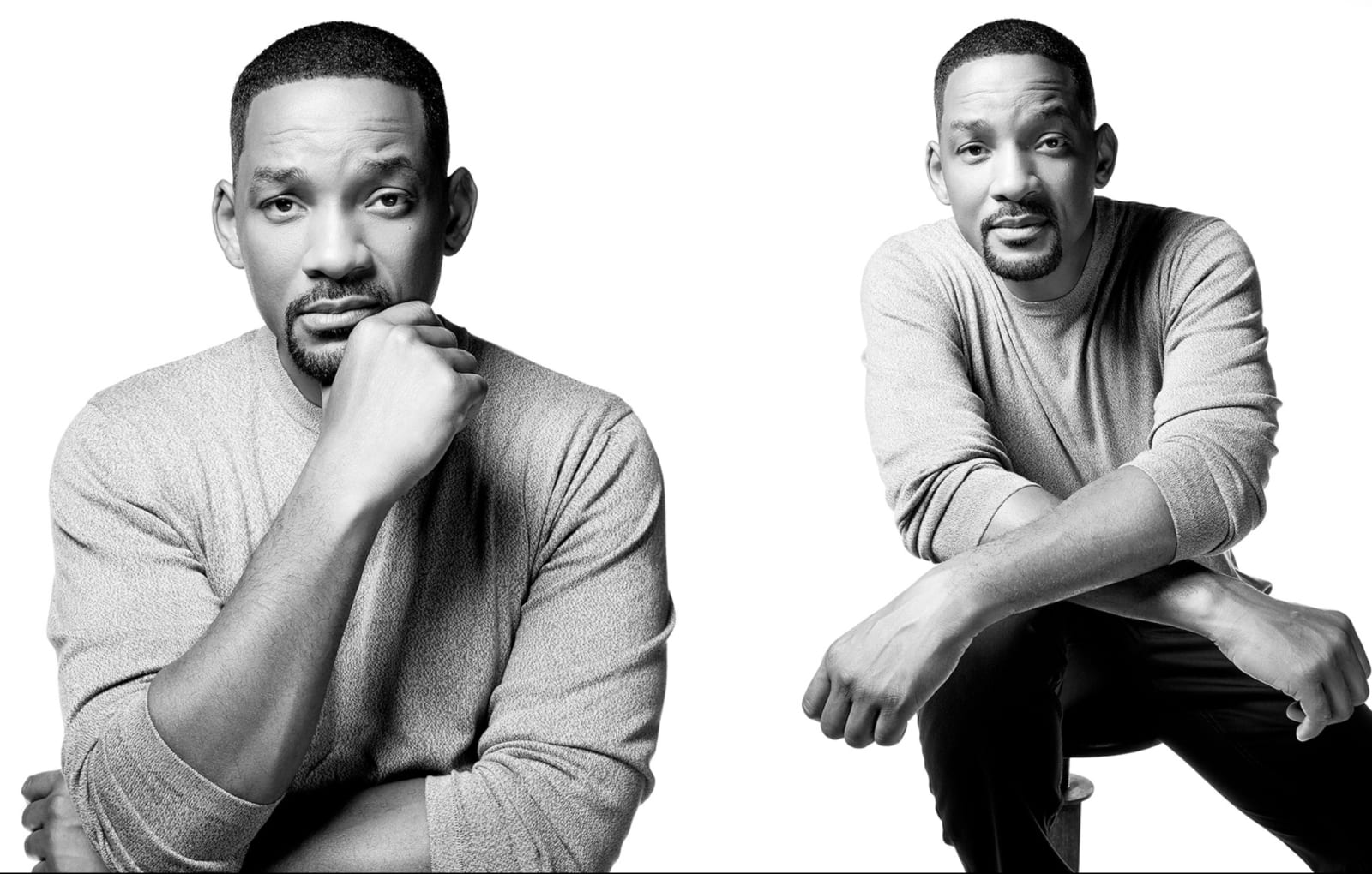 Two black and white studio portraits of a man in a light sweater, one with his fist at his chin, one seated with his arms crossed on his knee.