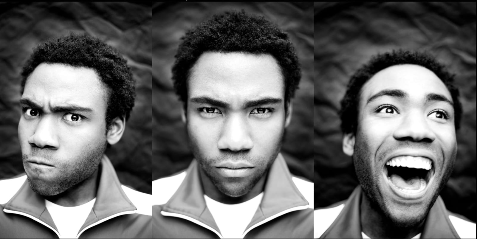 Three black and white portraits of a young man in a track jacket pulling faces: a scowl, a stare and a wide open-mouthed laugh.