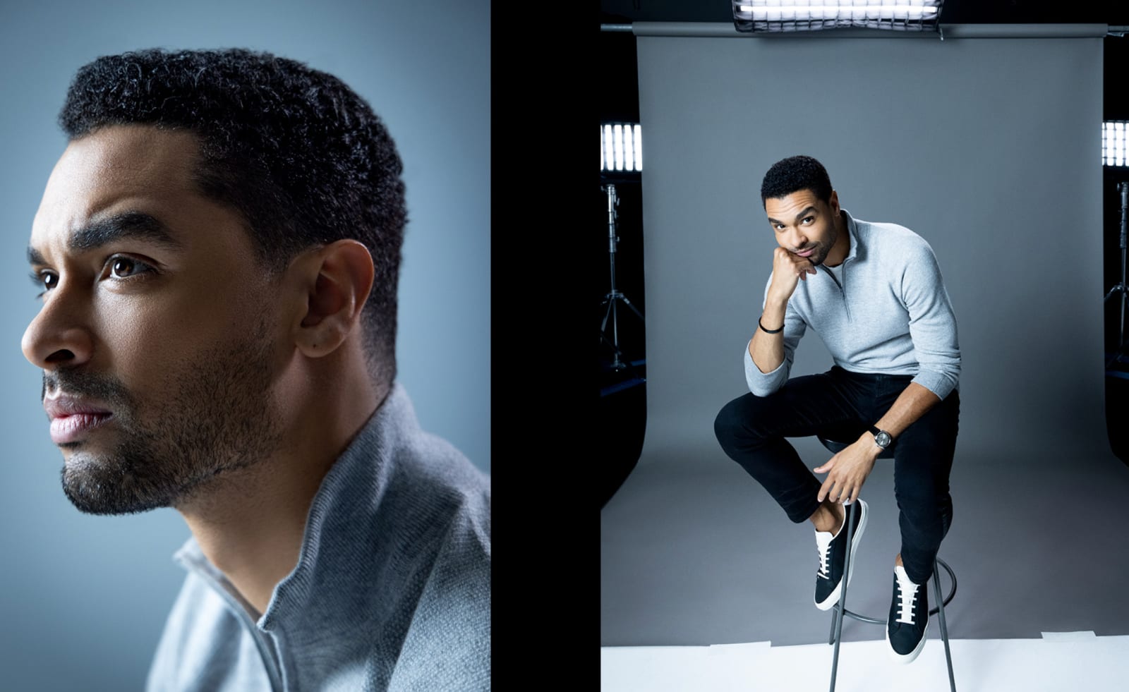 Two portraits of a bearded man, one close in profile in a grey top and one seated on a stool in a lit studio.