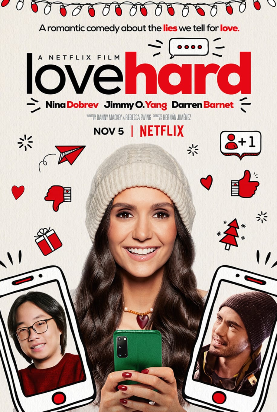 Poster for the Netflix film Love Hard, a woman in a beanie holding a phone, framed by drawn hearts and phones.