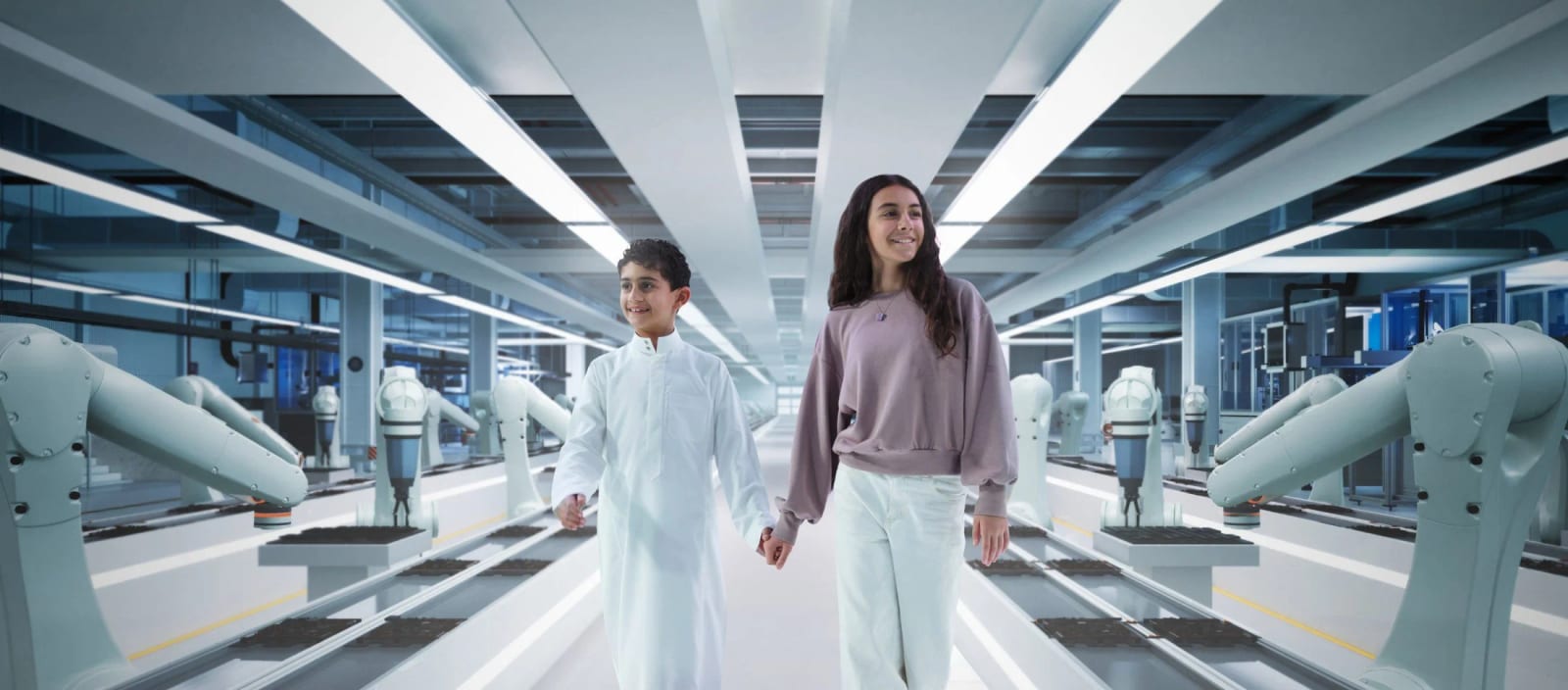 A boy and a girl walking hand in hand between rows of white robotic arms in a bright laboratory corridor.