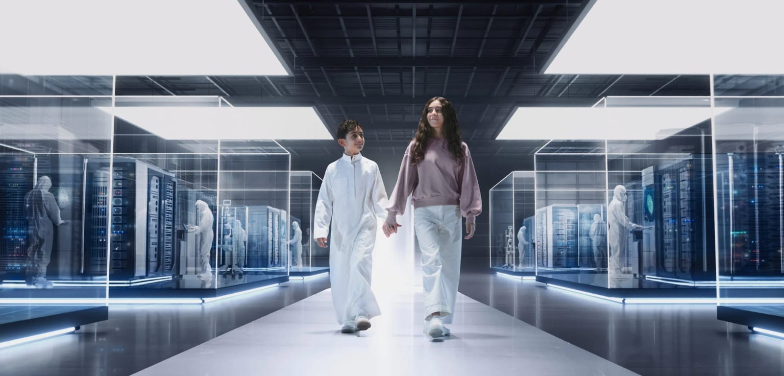 A boy in a white thobe and a girl in a pink sweatshirt walking hand in hand down a glass-walled corridor of server racks.