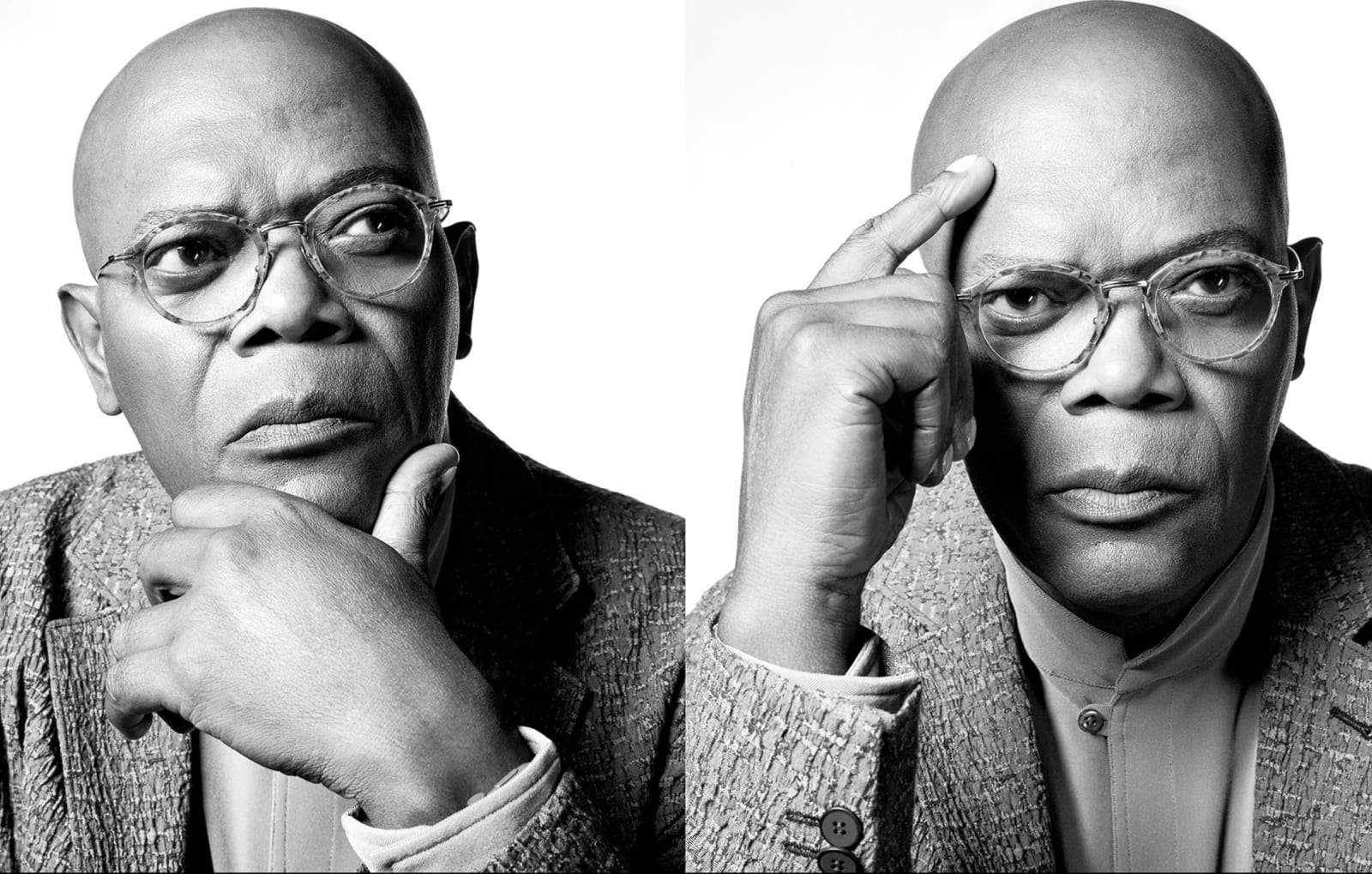 Two black and white portraits of a bald man in clear-framed glasses and a tweed jacket, chin on his fist and finger to his temple.