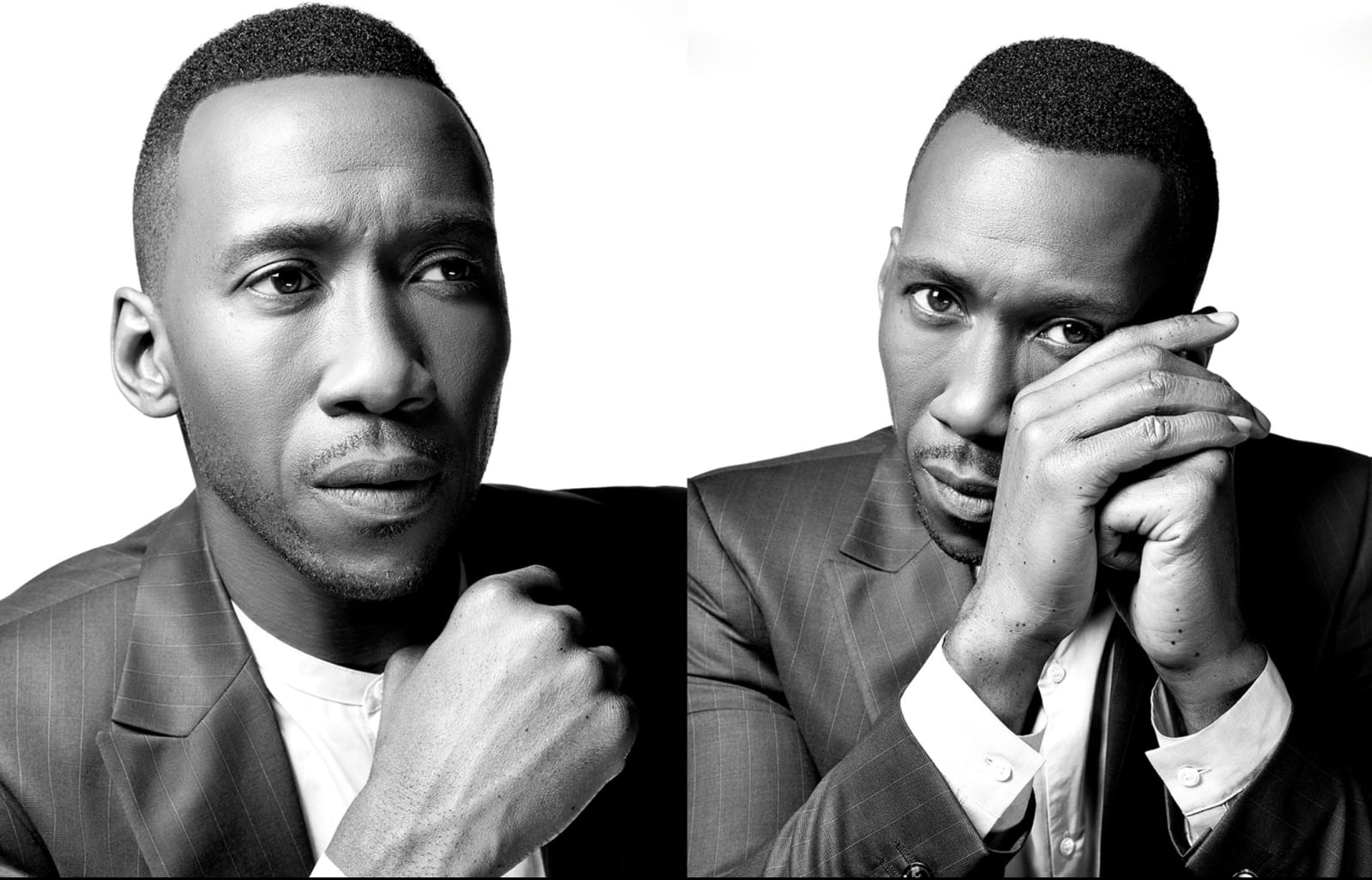 Two black and white studio portraits of a man in a pinstripe suit, one with a fist raised to his shoulder, one with his hands clasped at his cheek.