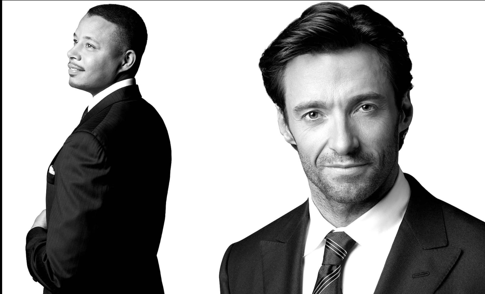 Two black and white portraits of men in dark suits, one in profile looking up, one facing the camera in a striped tie.
