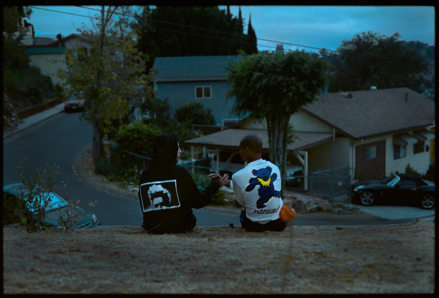 Two people in printed jackets sitting on a dirt bank overlooking suburban houses at dusk.