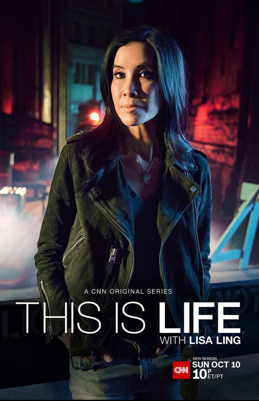 Poster for the CNN series This Is Life with Lisa Ling, a woman in a leather jacket on a night street.