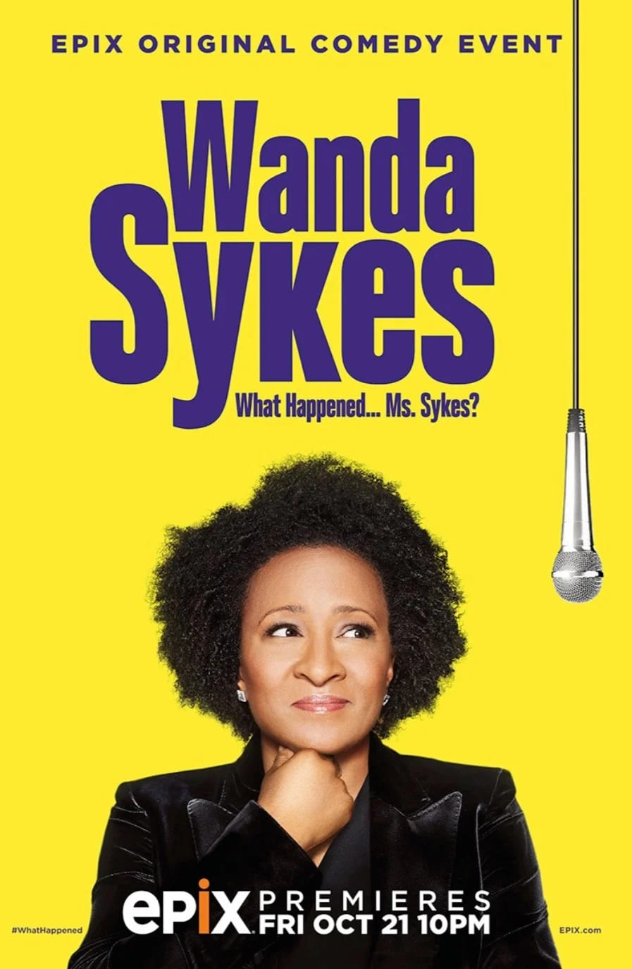 Poster for the Epix comedy special Wanda Sykes: What happened, Ms. Sykes? A woman in a black suit looks up at a hanging microphone against yellow.