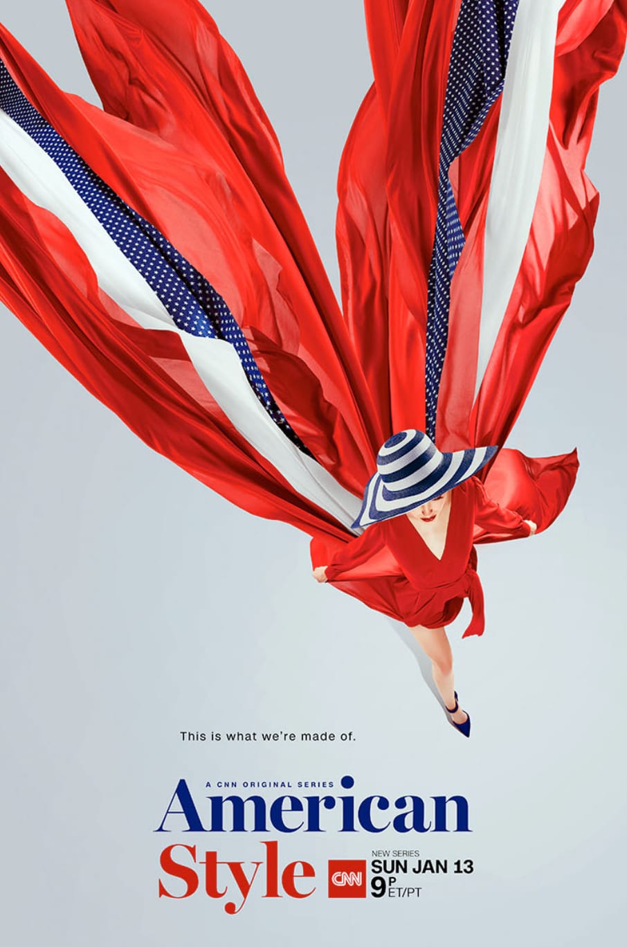 Poster for the CNN series American Style, a figure in a swirl of red, white and blue fabric.