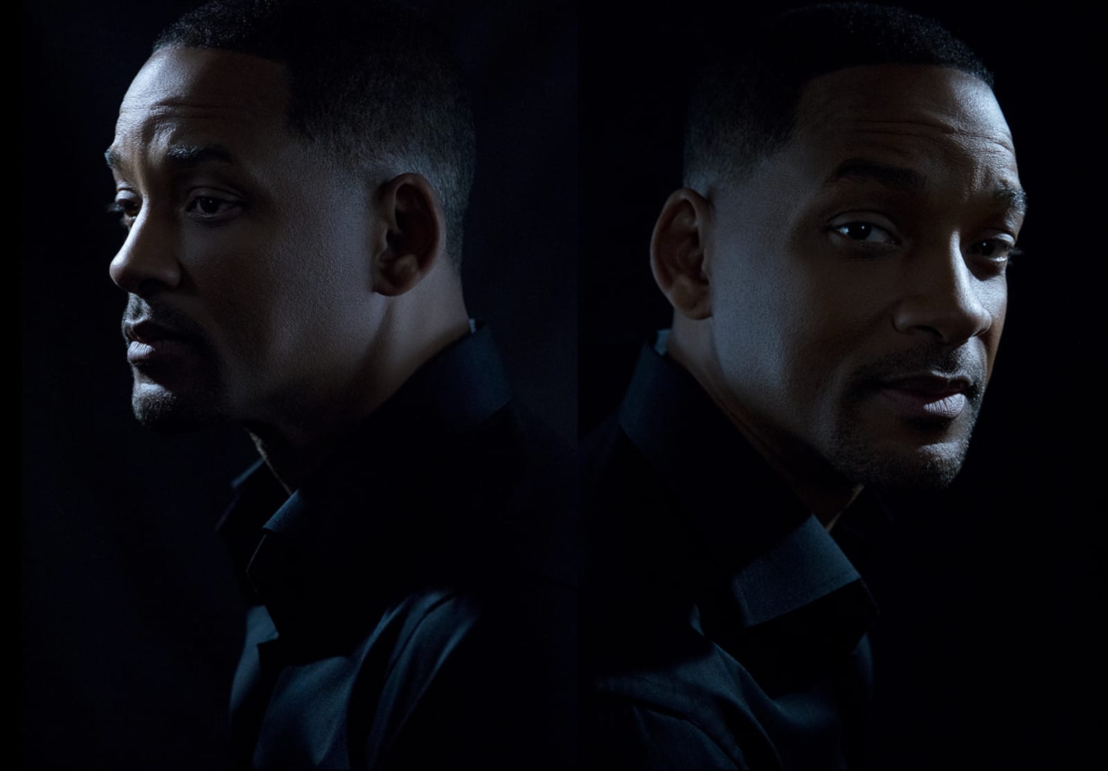 Two dimly lit portraits of a man in a dark shirt, in profile and turned to the camera, against a blue-black background.