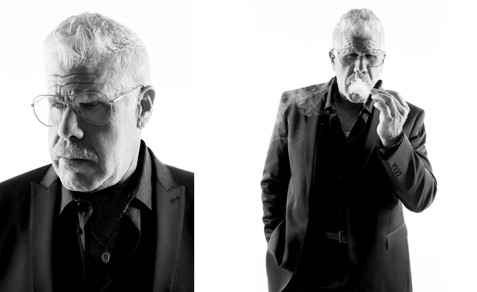 Two black and white portraits of a silver-haired man in aviator glasses and a dark suit, one with a cigar.