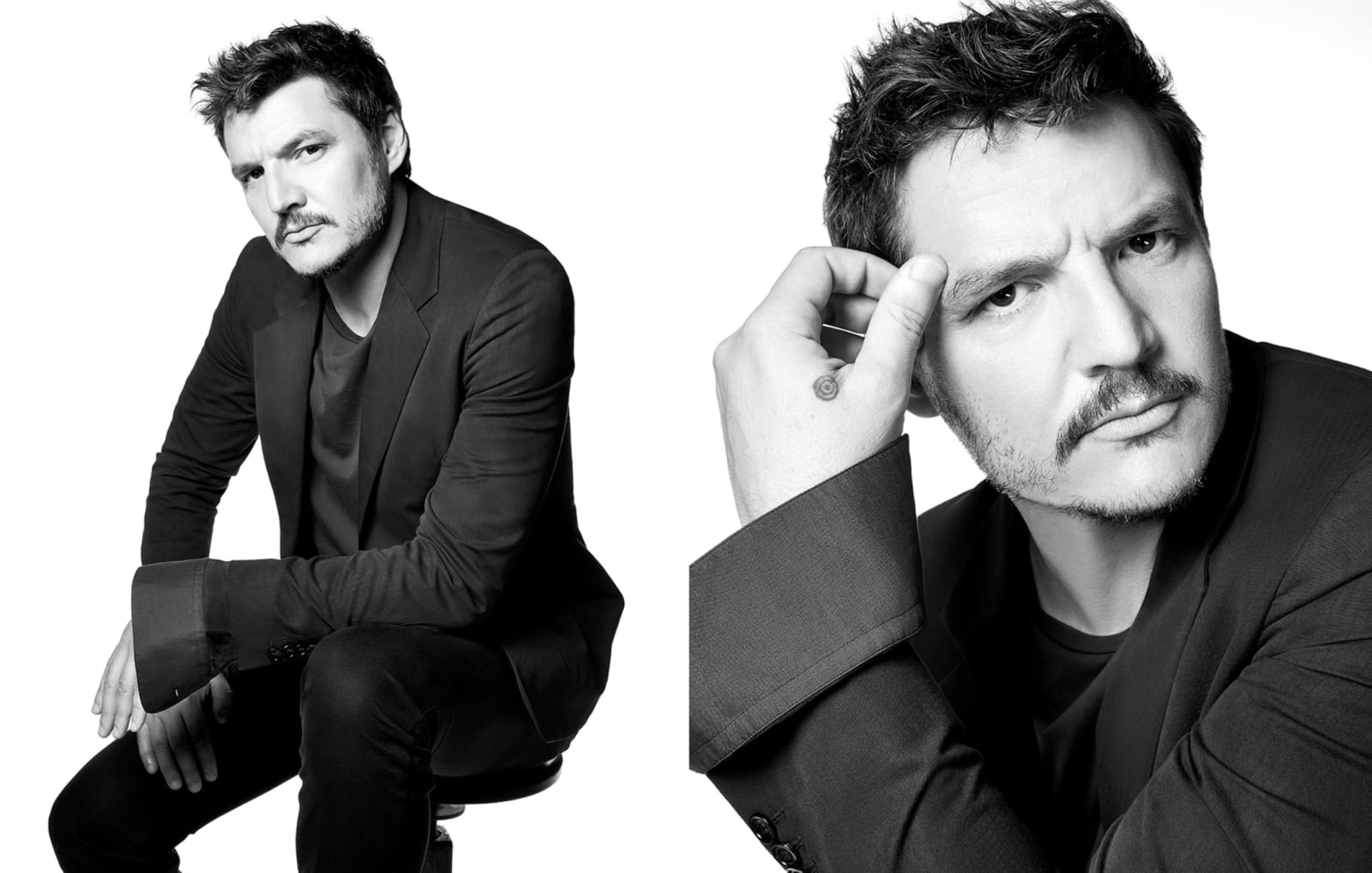 Two black and white portraits of a man with a moustache in a black jacket, one crouching, one with a hand at his brow.