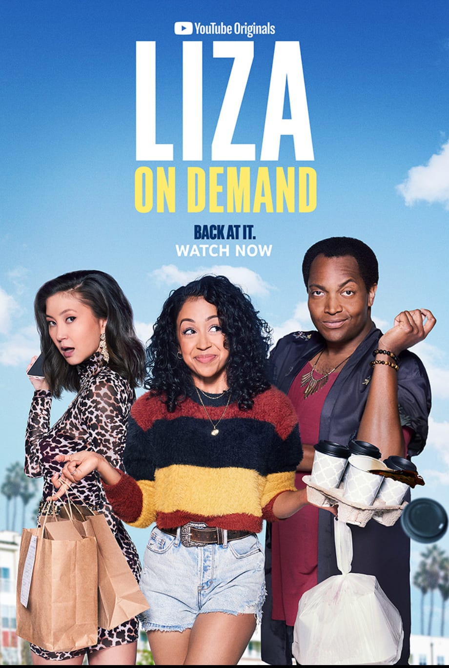 Poster for the YouTube series Liza on Demand, three people carrying shopping bags and coffee cups.