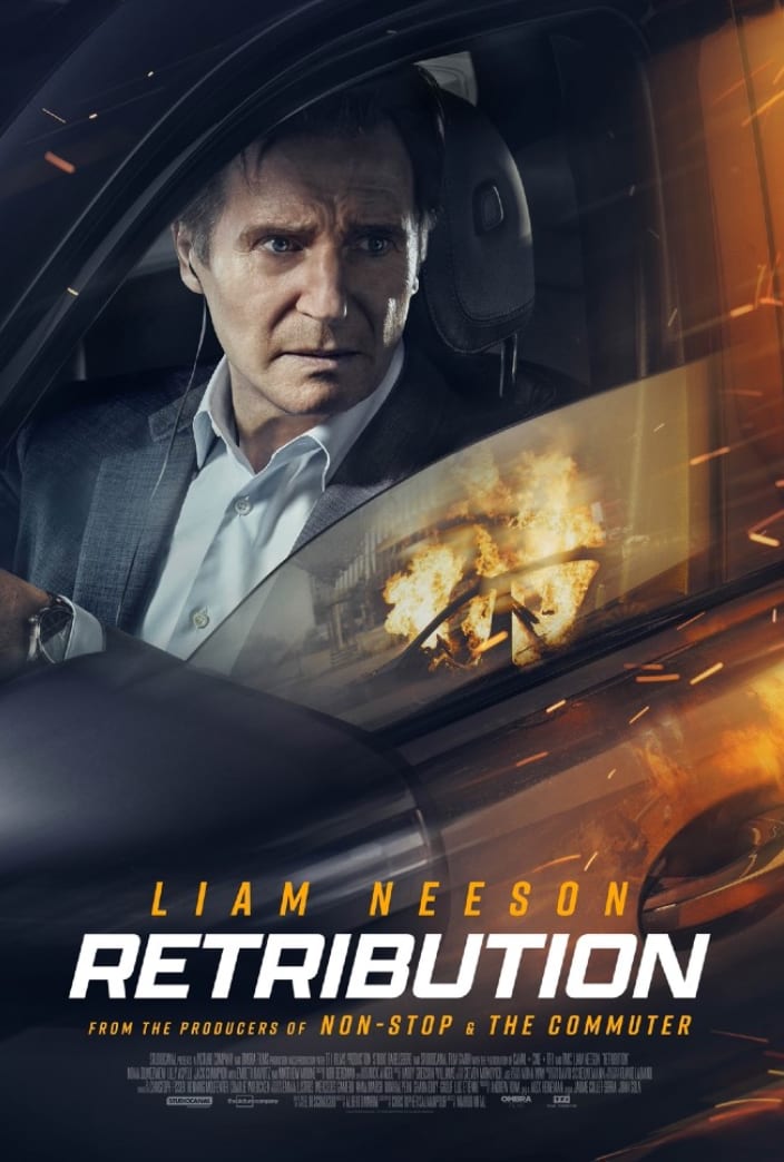 Poster for the film Retribution starring Liam Neeson, a man looking out of a car window as an explosion flares behind.