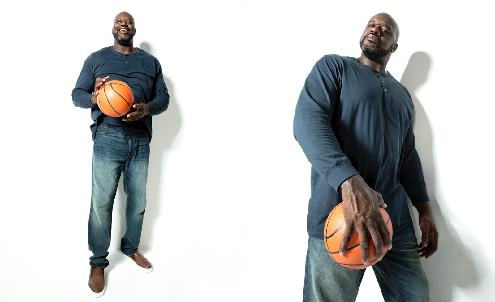 Two studio shots of a very tall man in a dark henley and jeans holding a basketball against a white wall.